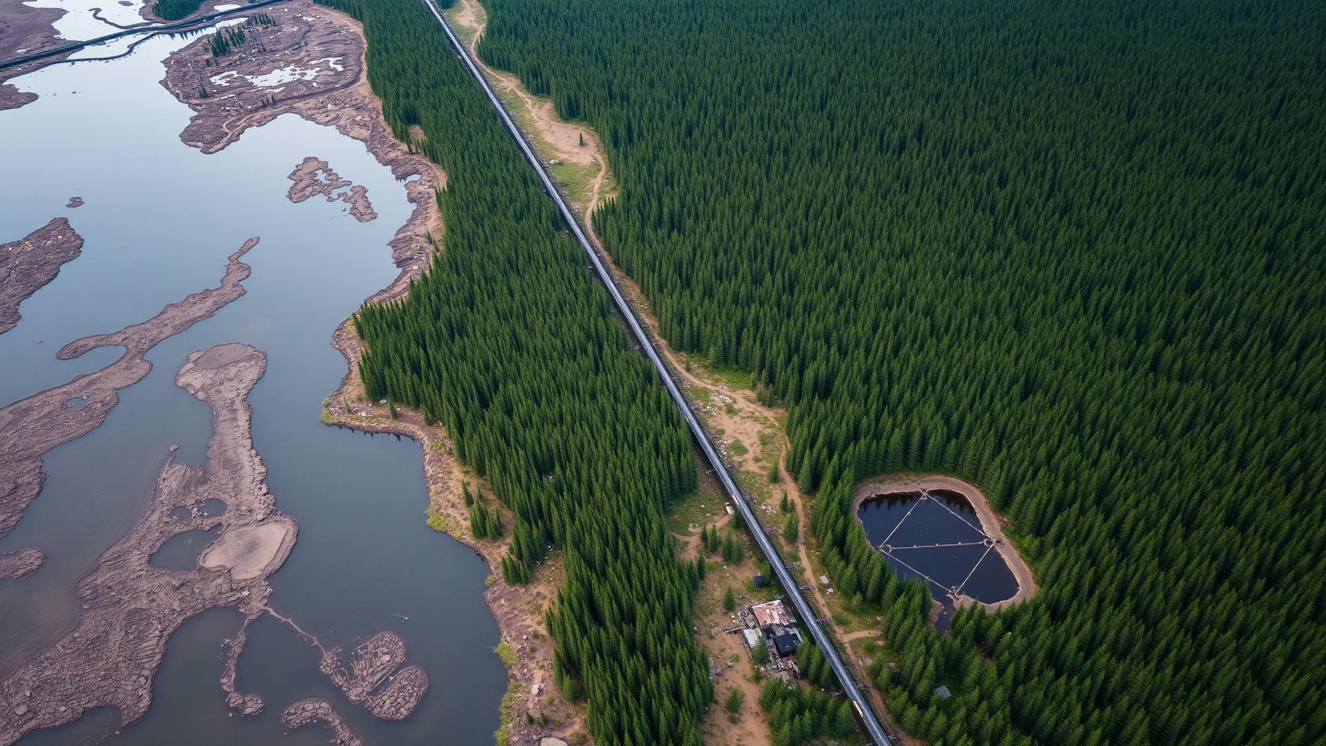 Oil pipeline cutting through boreal forest